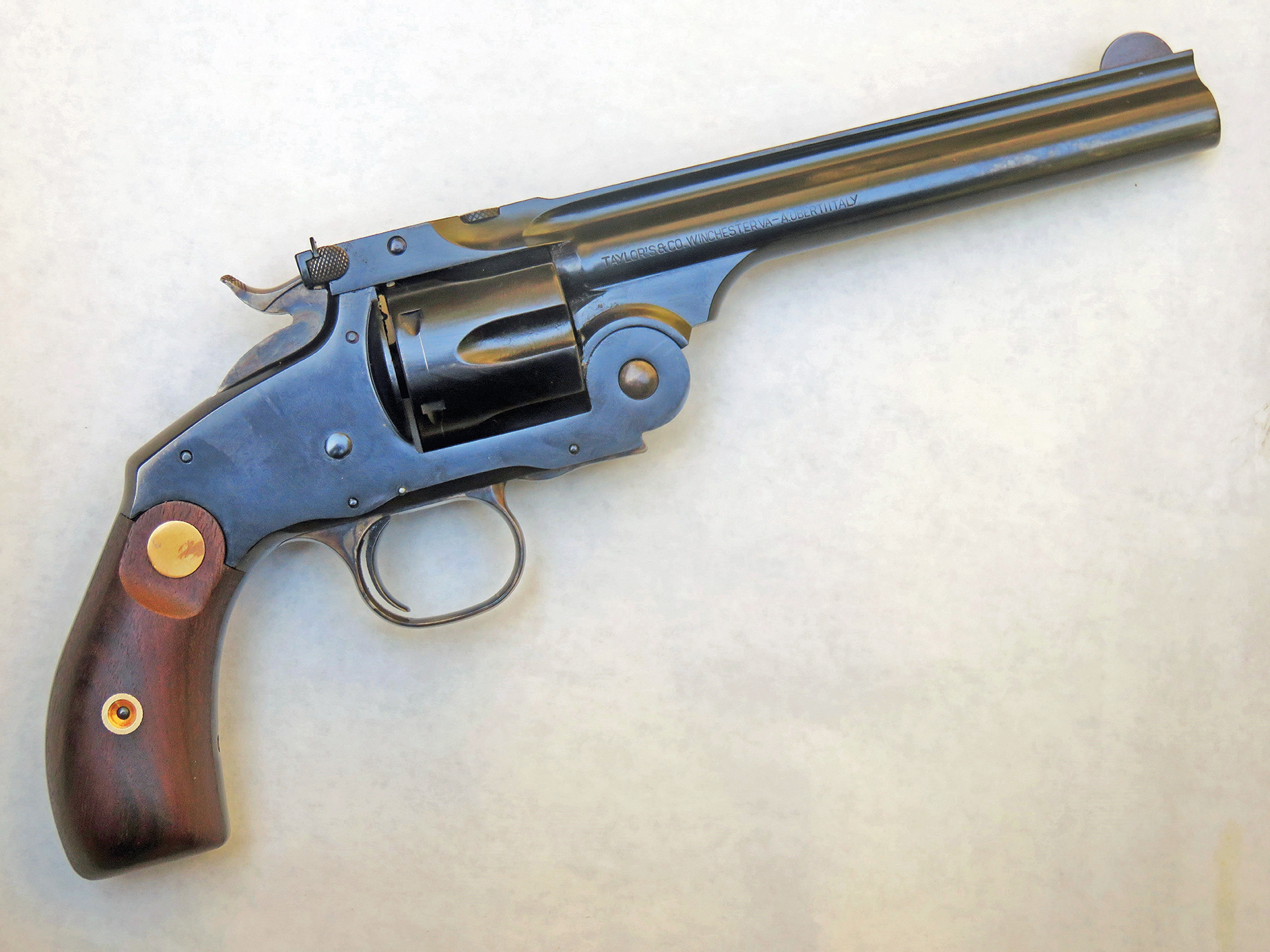 Taylor’s and Company No. 3 Frontier in .44 Special with the wooden grips as delivered.